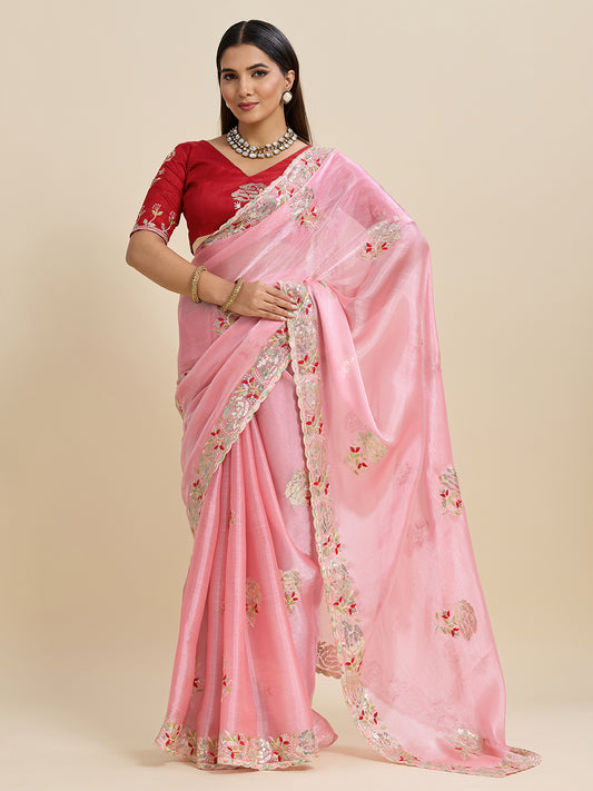 Embroidered, Embellished Bollywood Floral Print Bollywood Organza Saree