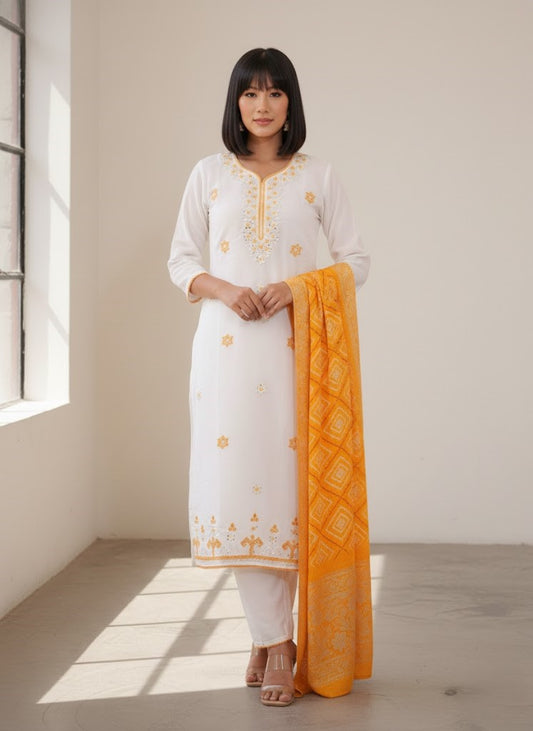Embroidered Straight Kurta With Trouser & Dupatta