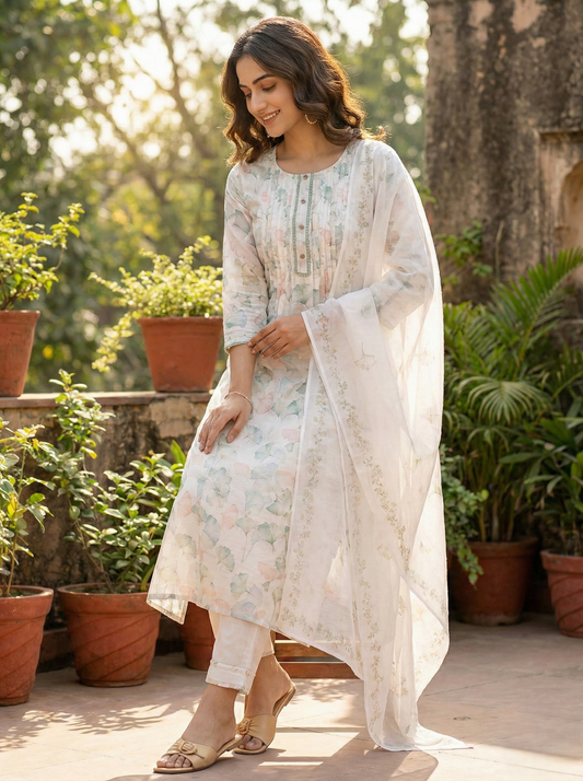 Floral Printed Round Neck A-Line Kurta Trouser & Dupatta Set