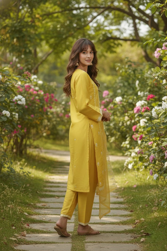 Floral Embroidered Straight Kurta With Trousers & Dupatta