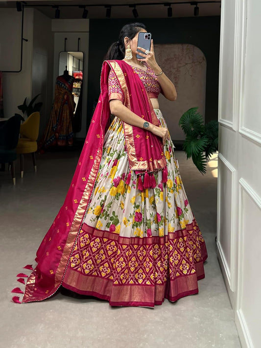 Floral Printed Lehenga Choli with Woven Border & Dupatta