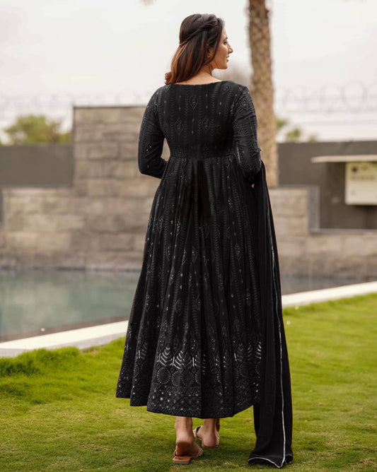 Embroidered Georgette Stitched Anarkali Gown With Dupatta