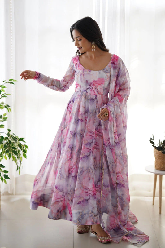 Printed Georgette Stitched Anarkali Gown With Dupatta