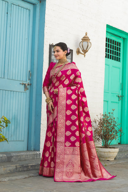 Solid Banarasi Silk Blend Saree with Zari Butta Pattern