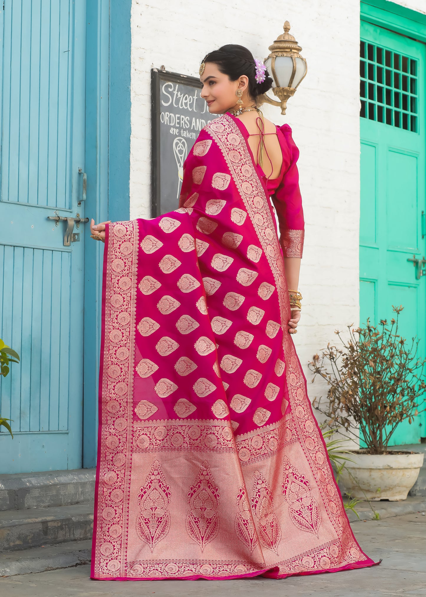 Solid Banarasi Silk Blend Saree with Zari Butta Pattern