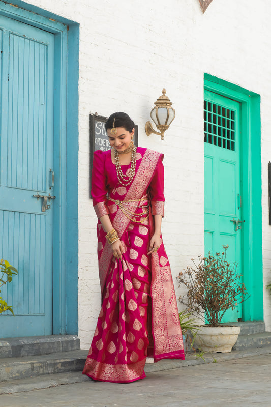 Solid Banarasi Silk Blend Saree with Zari Butta Pattern