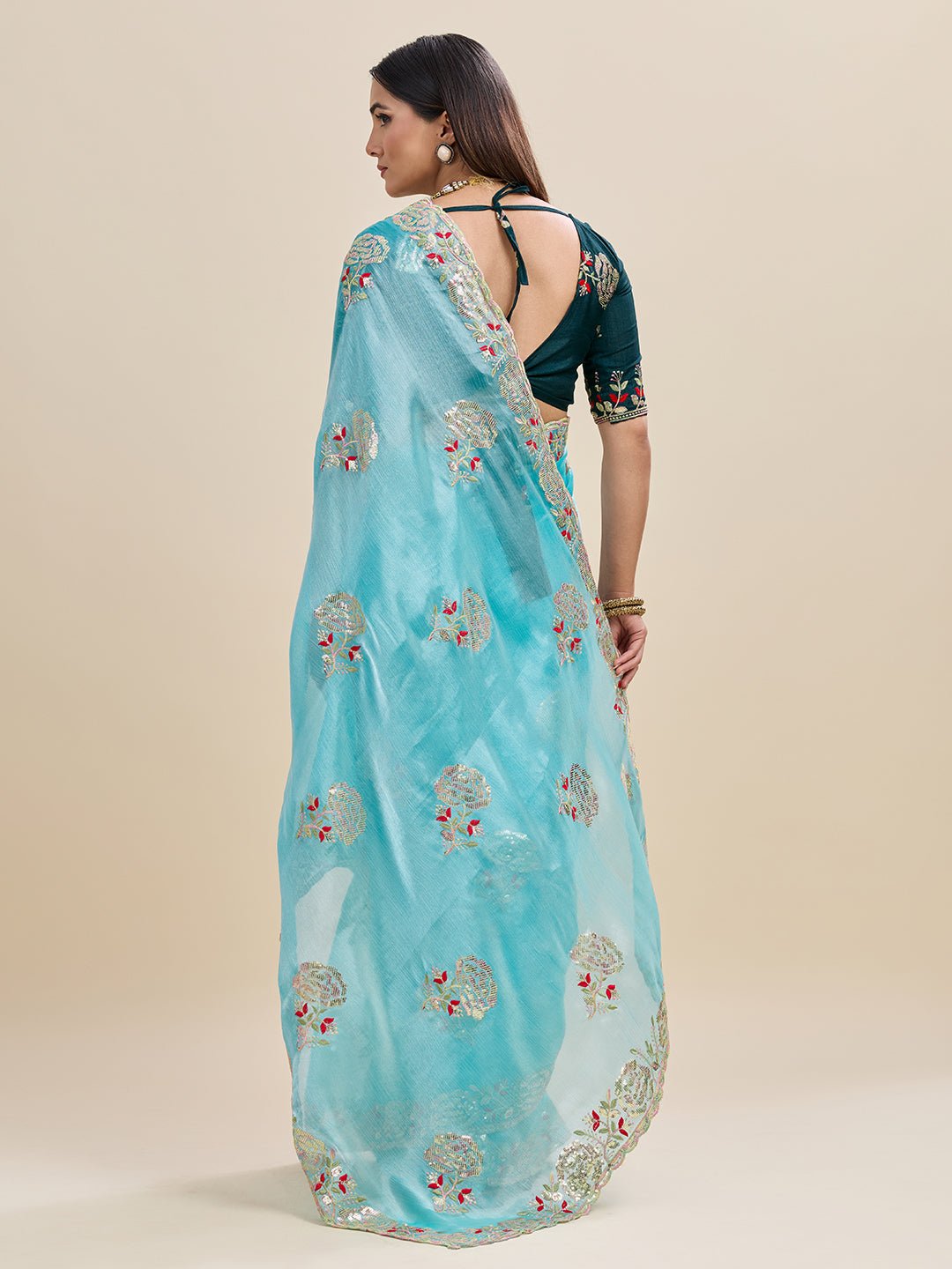 Embroidered, Embellished Bollywood Floral Print Bollywood Organza Saree