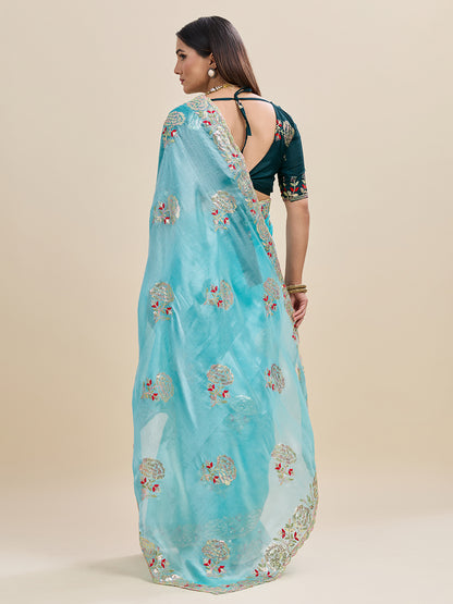 Embroidered, Embellished Bollywood Floral Print Bollywood Organza Saree