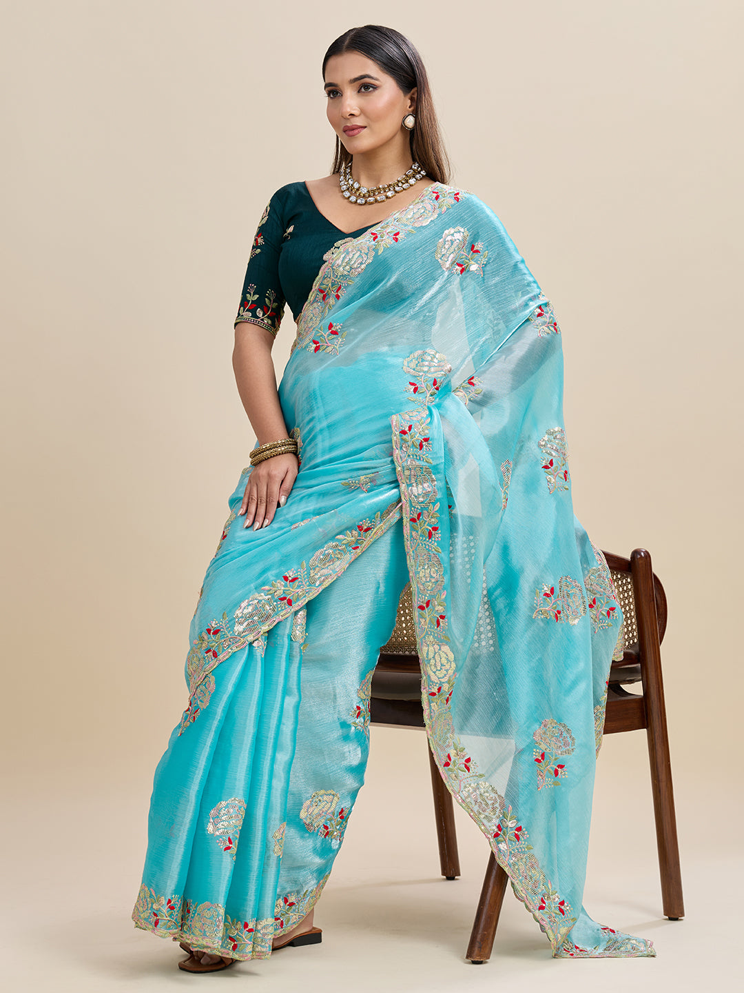 Embroidered, Embellished Bollywood Floral Print Bollywood Organza Saree