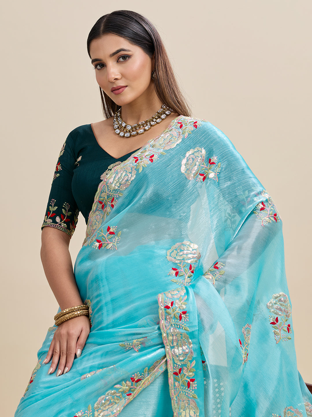 Embroidered, Embellished Bollywood Floral Print Bollywood Organza Saree