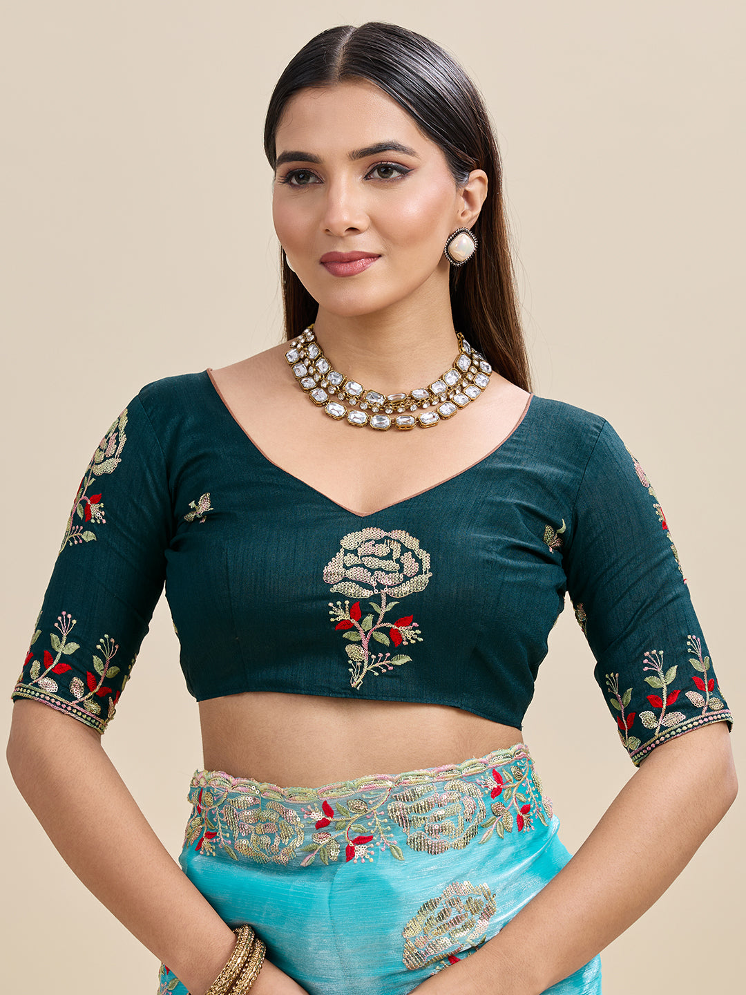 Embroidered, Embellished Bollywood Floral Print Bollywood Organza Saree