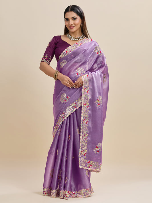 Embroidered, Embellished Bollywood Floral Print Bollywood Organza Saree