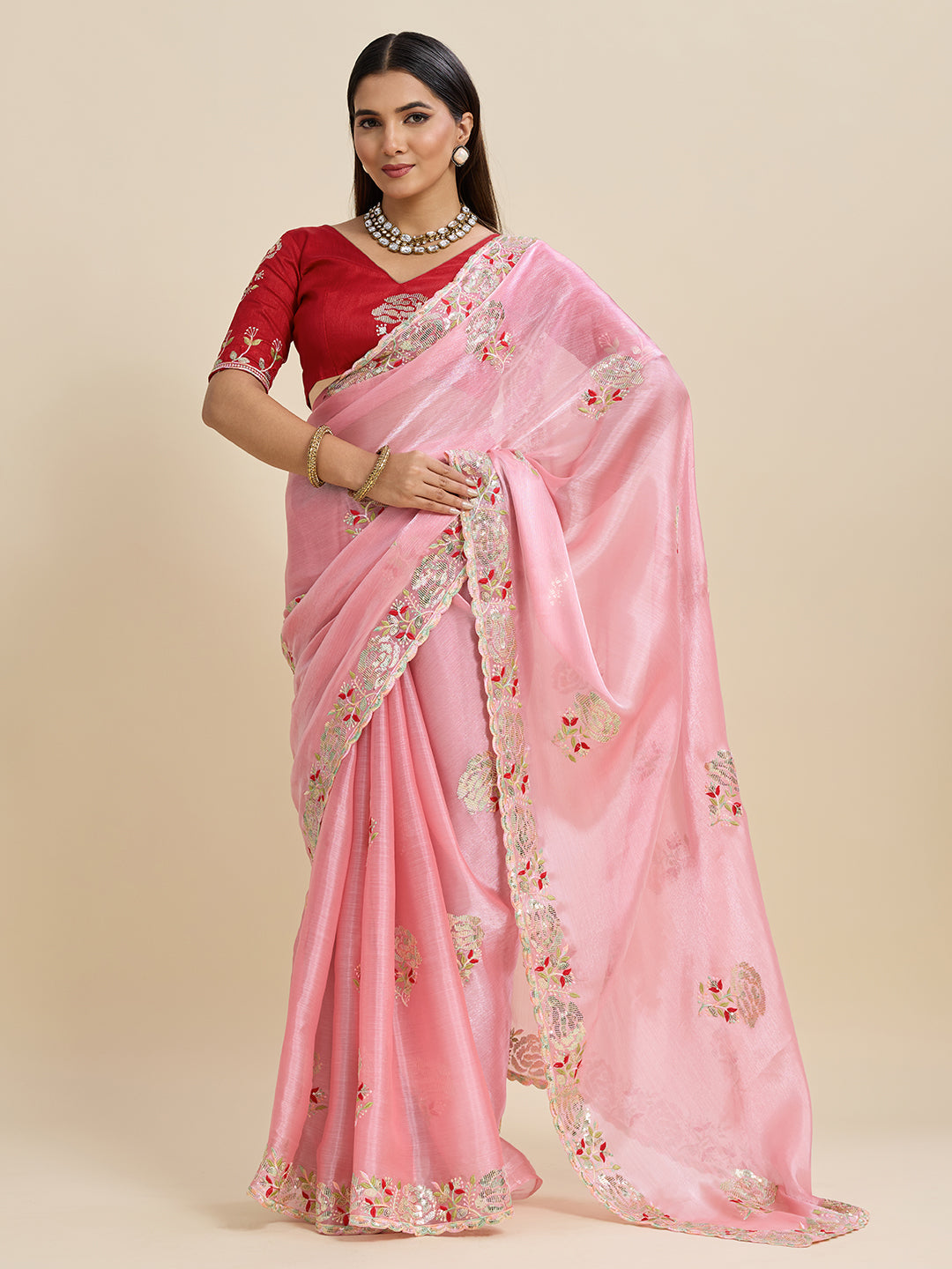Embroidered, Embellished Bollywood Floral Print Bollywood Organza Saree