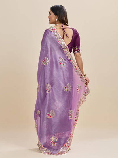 Embroidered, Embellished Bollywood Floral Print Bollywood Organza Saree