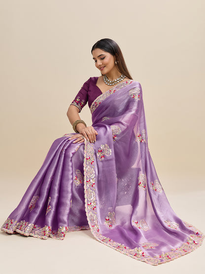 Embroidered, Embellished Bollywood Floral Print Bollywood Organza Saree