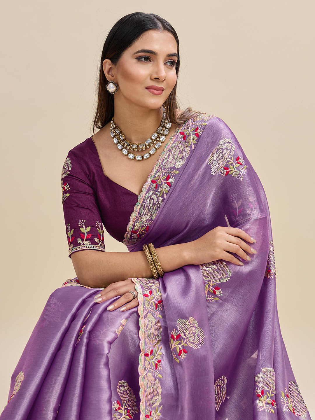 Embroidered, Embellished Bollywood Floral Print Bollywood Organza Saree