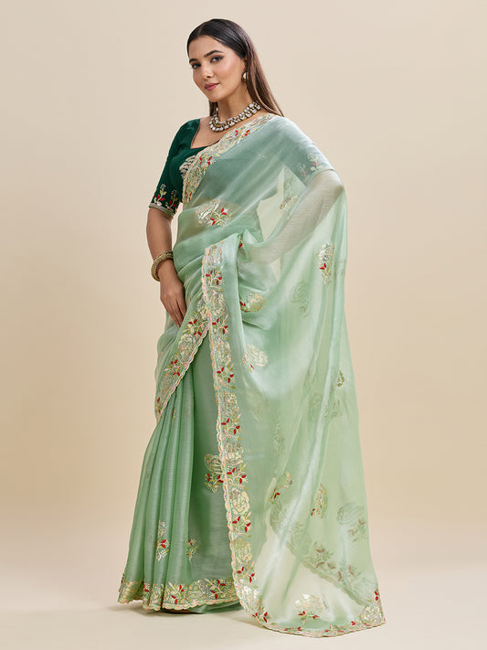 Embroidered, Embellished Bollywood Floral Print Bollywood Organza Saree