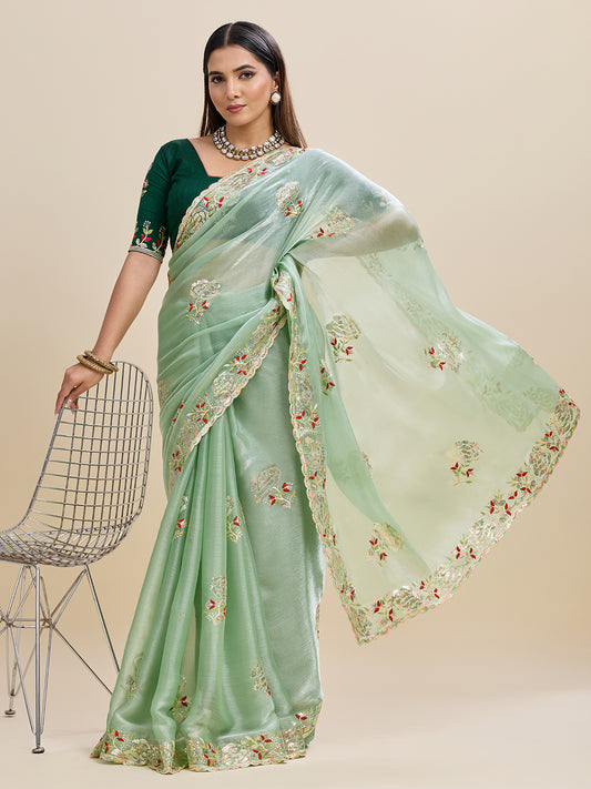 Embroidered, Embellished Bollywood Floral Print Bollywood Organza Saree