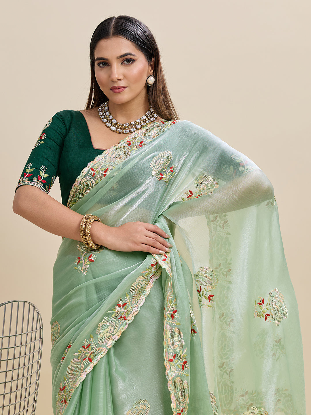Embroidered, Embellished Bollywood Floral Print Bollywood Organza Saree