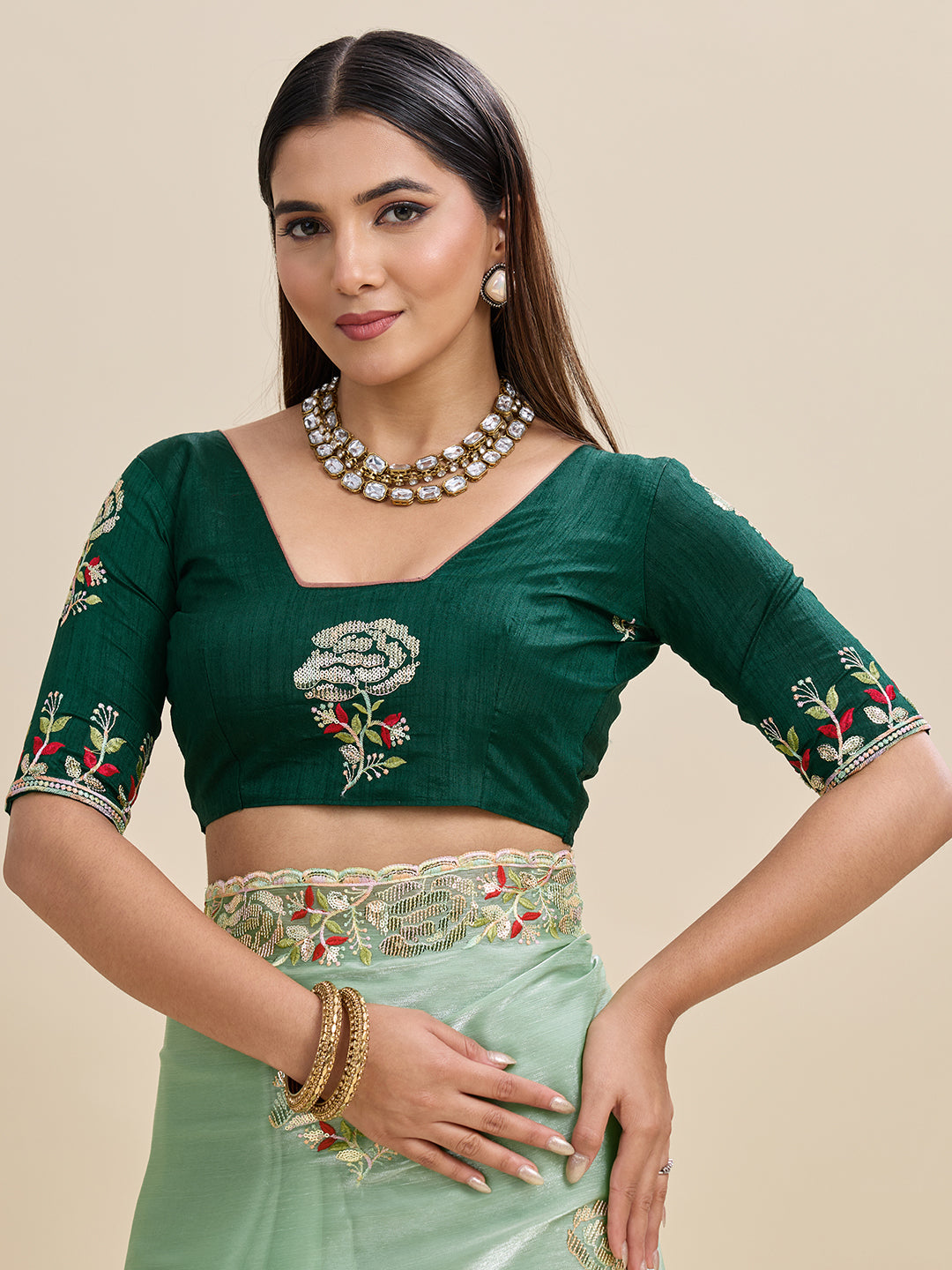 Embroidered, Embellished Bollywood Floral Print Bollywood Organza Saree