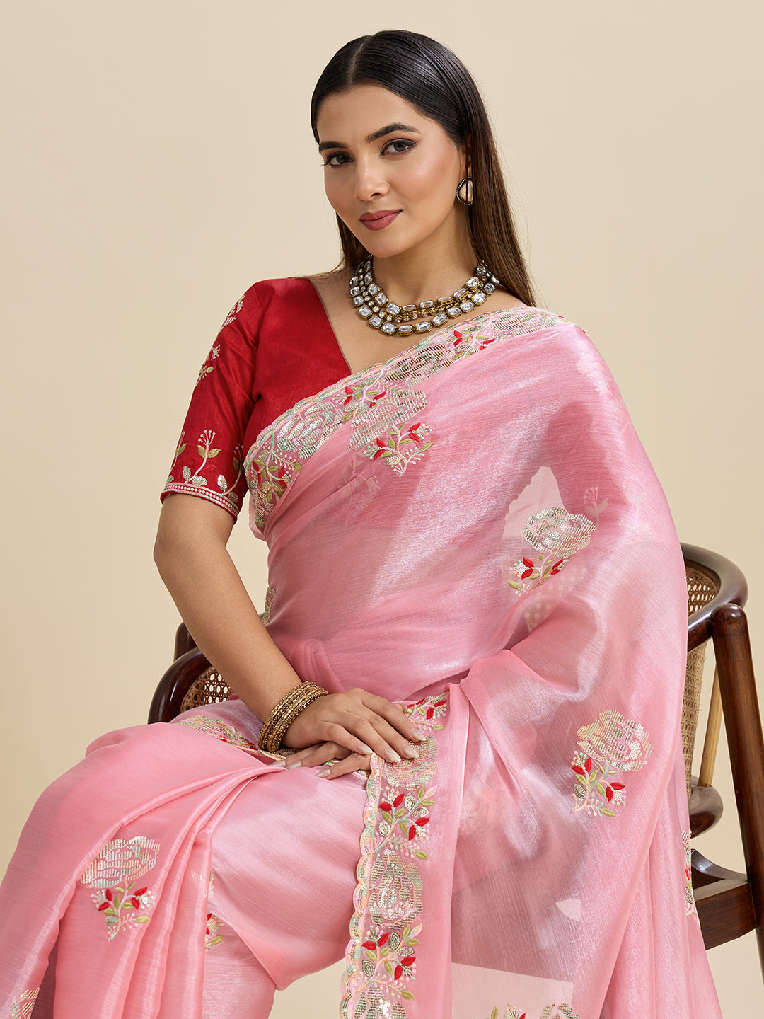 Embroidered, Embellished Bollywood Floral Print Bollywood Organza Saree