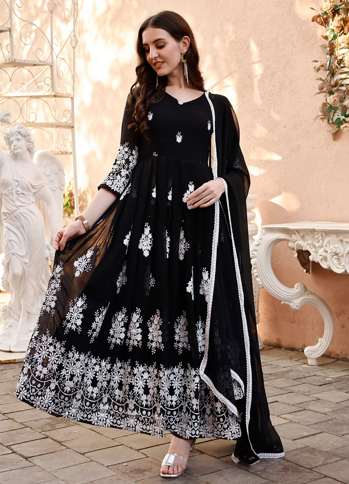 Embroidered Georgette Stitched Anarkali Gown with Dupatta