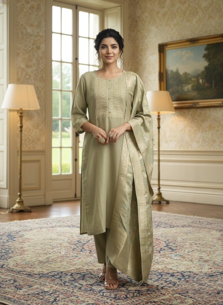 Women Ethnic Motifs Embroidered Straight Kurta With Trousers & Dupatta