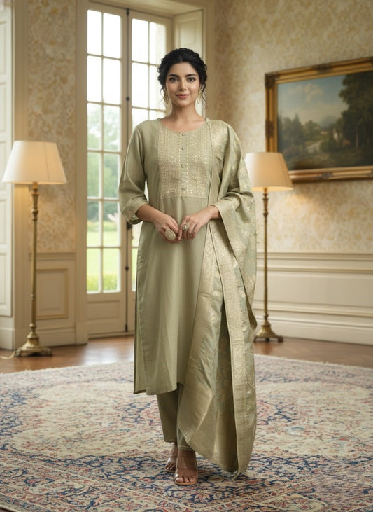 Women Ethnic Motifs Embroidered Straight Kurta With Trousers & Dupatta