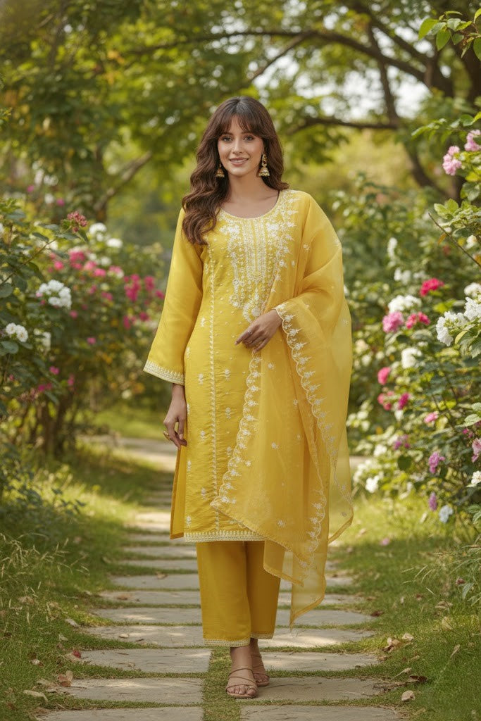 Floral Embroidered Straight Kurta With Trousers & Dupatta