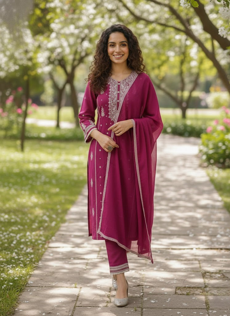Purple Ethnic Motif Embroidered Straight Kurta & Trousers With Dupatta