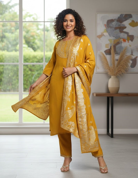 Yellow Ethnic Motifs Straight Kurta & Trousers With Dupatta