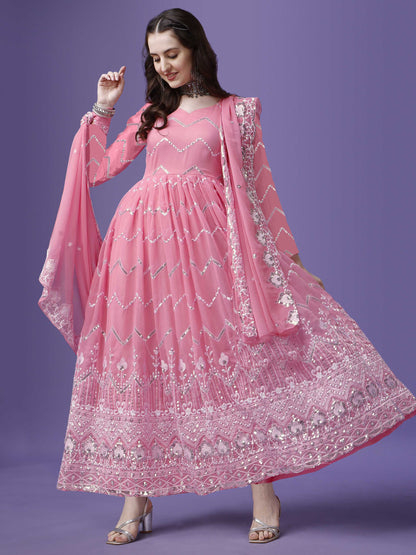 Embroidered Georgette Stitched Anarkali Gown with Dupatta