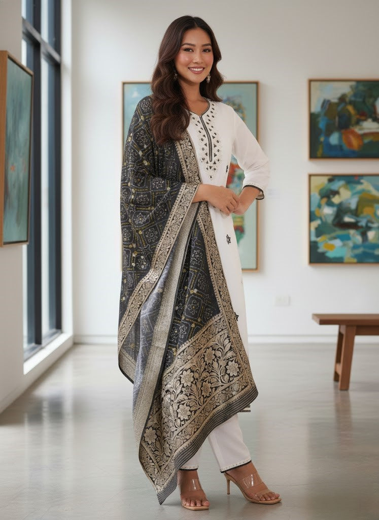 Floral Embroidered Thread Work Chanderi Silk Kurta With Trousers & Dupatta