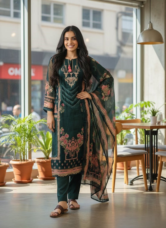 Yoke Design Printed Tie-Up Neck Straight Kurta With Trouser & Dupatta