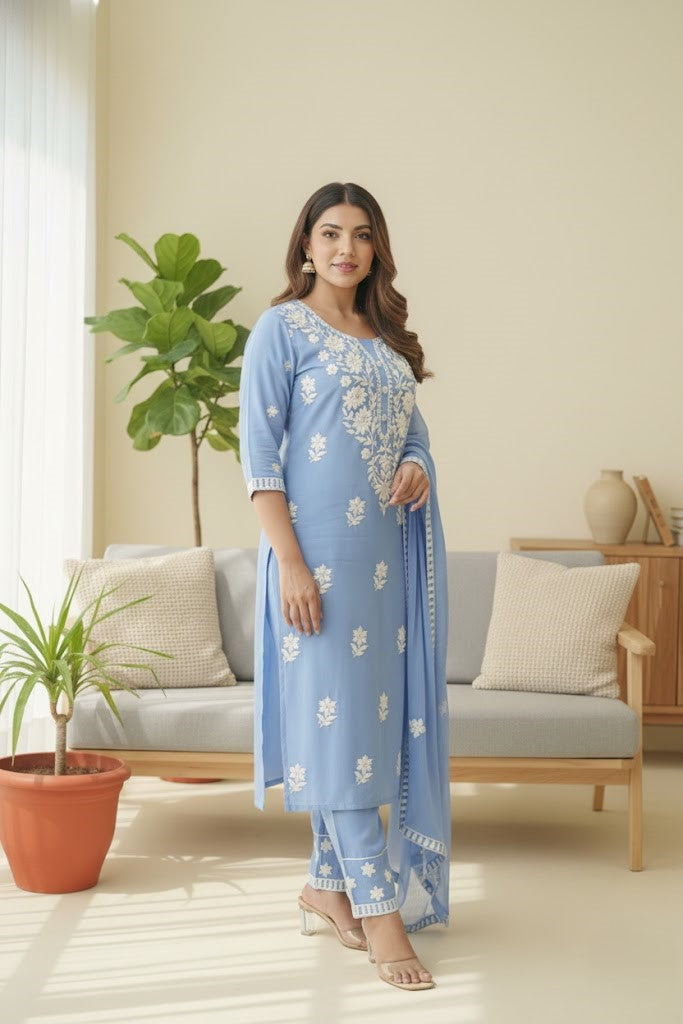 Ethnic Motifs Embroidered Thread Work Kurta with Trousers & Dupatta