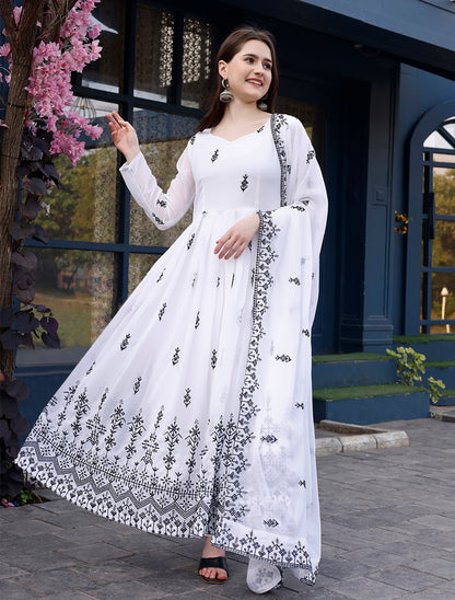 Embroidered Georgette Stitched Anarkali Gown With Dupatta