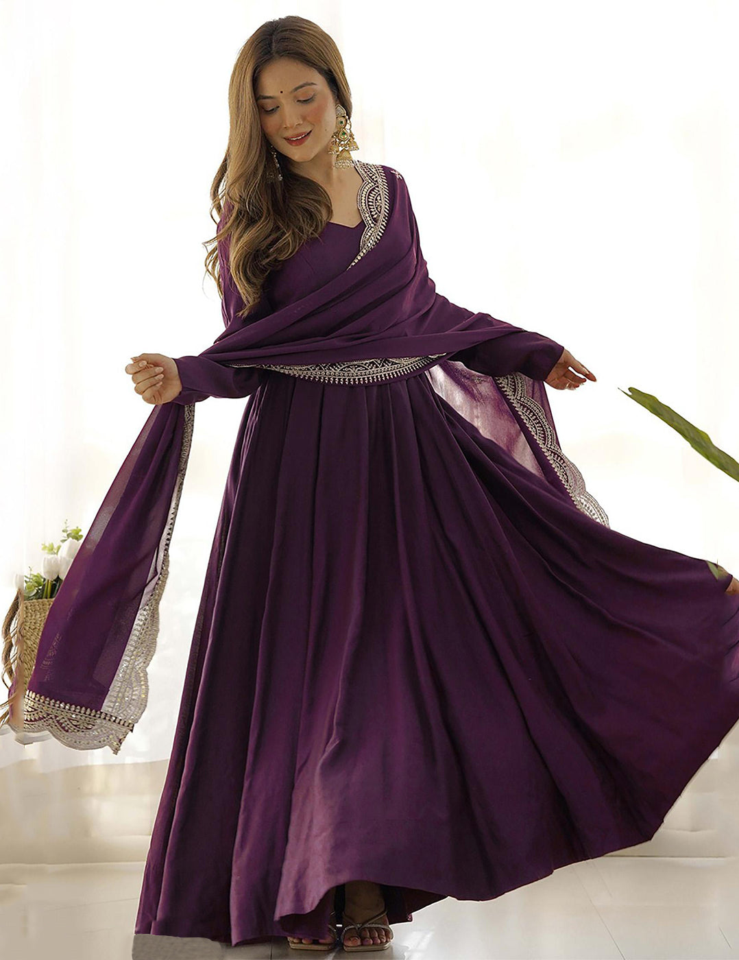 Solid Anarkali Gown With Embroidered Dupatta