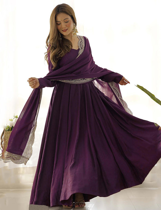 Solid Anarkali Gown With Embroidered Dupatta