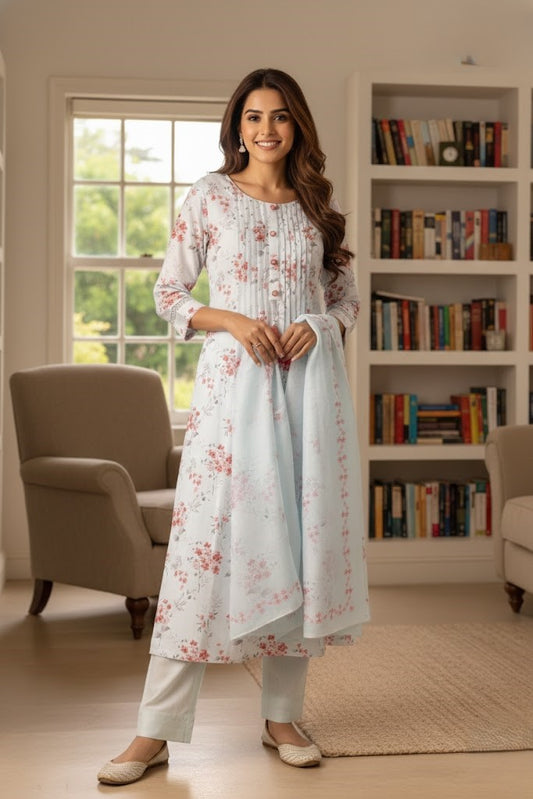 Floral Printed Linen A-Line Kurta With Trousers & Dupatta