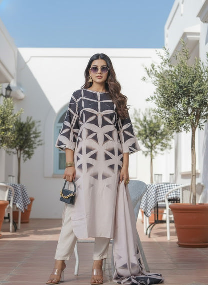 Abstract Printed Kurta & Trousers With Dupatta