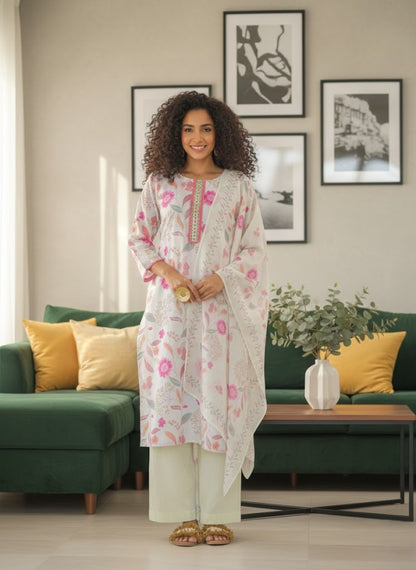 Floral Printed Pleated A-Line Kurta With Palazzos & Dupatta