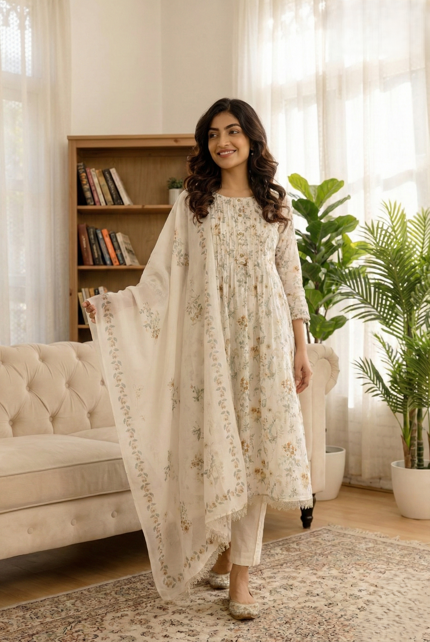 Off White Floral Printed Round Neck A-Line Kurta Trouser & Dupatta Set