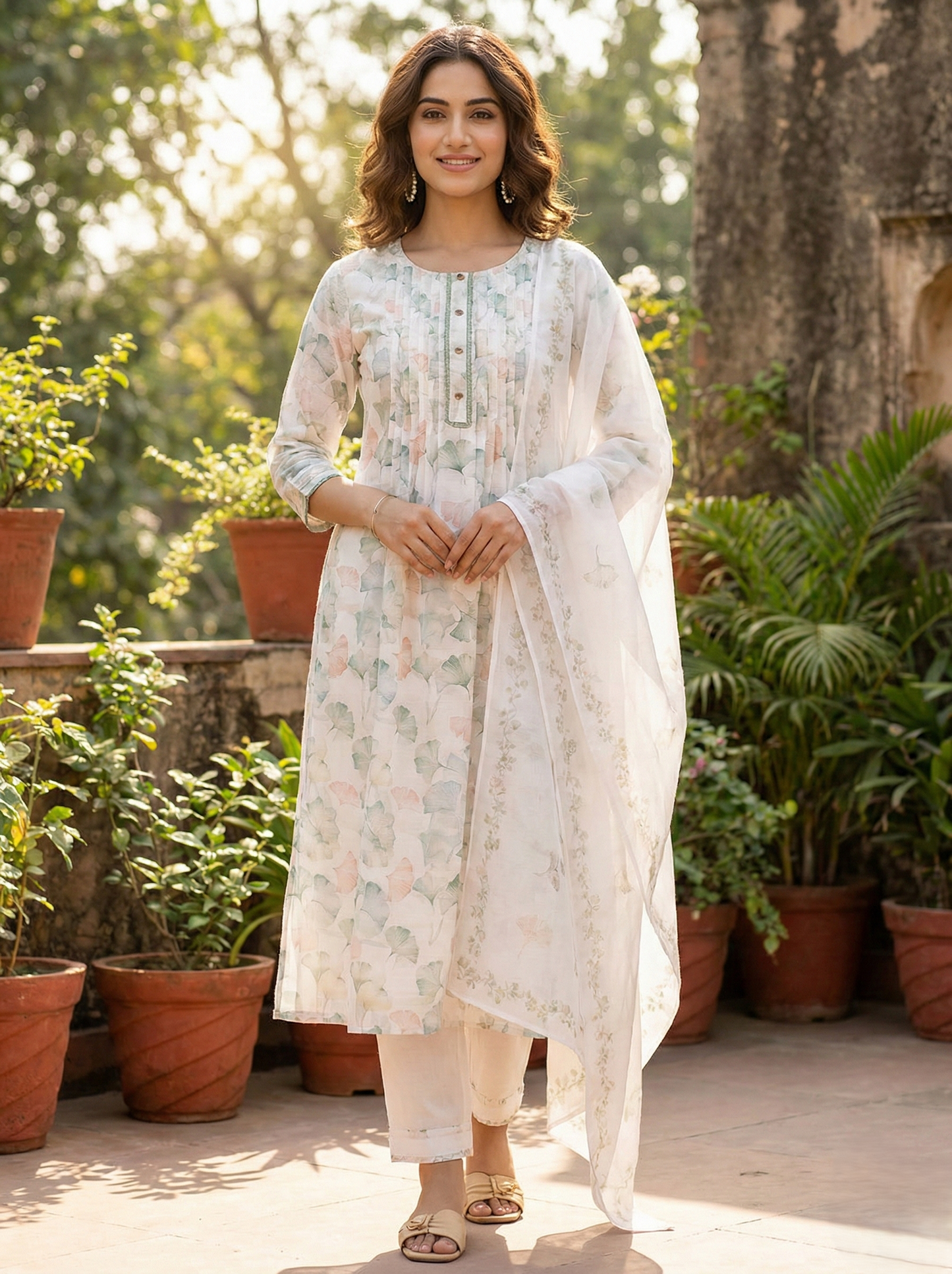 Floral Printed Round Neck A-Line Kurta Trouser & Dupatta Set