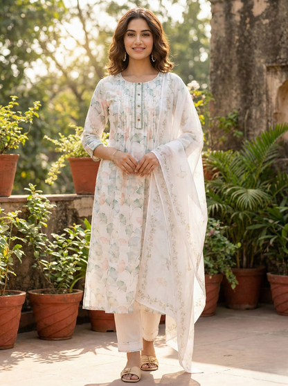Floral Printed Round Neck A-Line Kurta Trouser & Dupatta Set