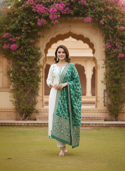 Women Embroidered Mirror Work Straight Kurta & Trouser With Dupatta
