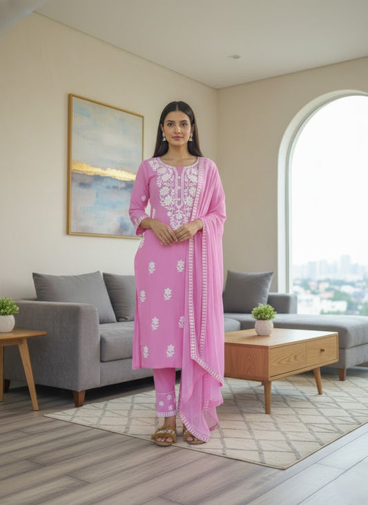 Ethnic Motifs Embroidered Thread Work Kurta with Trousers & Dupatta