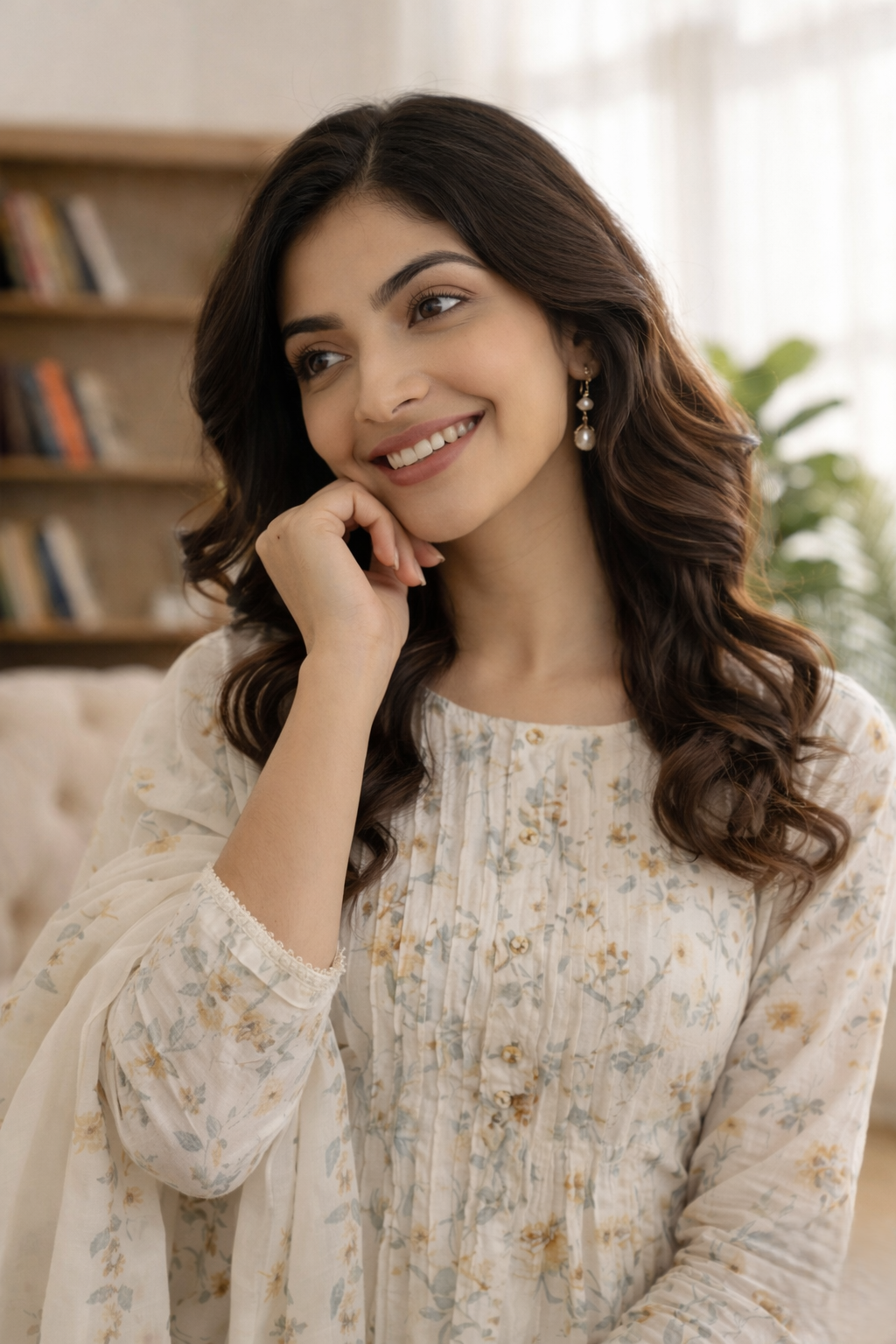 Off White Floral Printed Round Neck A-Line Kurta Trouser & Dupatta Set