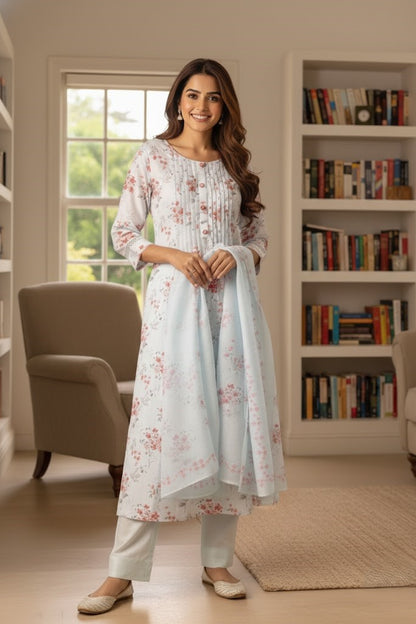 Floral Printed Linen A-Line Kurta With Trousers & Dupatta