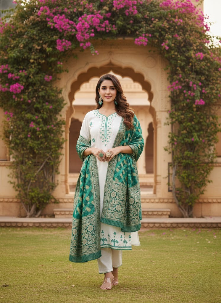 Women Embroidered Mirror Work Straight Kurta & Trouser With Dupatta