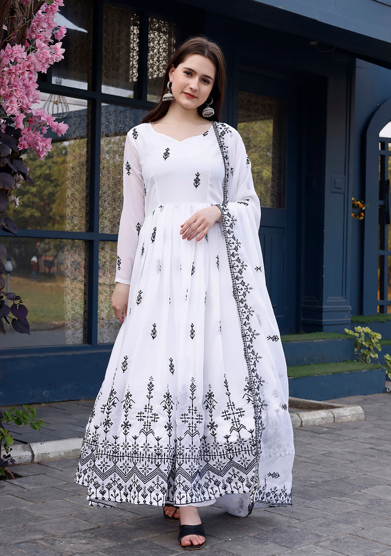 Embroidered Georgette Stitched Anarkali Gown With Dupatta